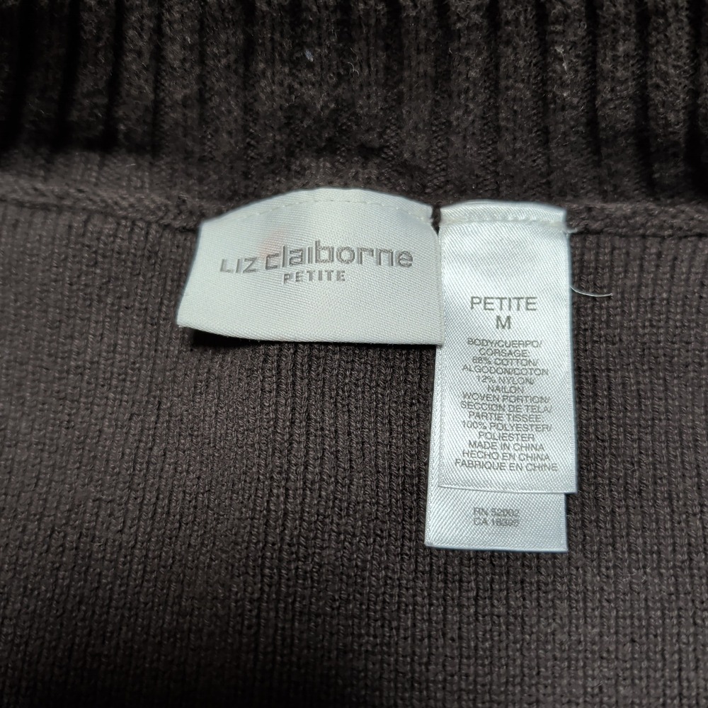 Liz Claiborne Petite Brown Zip Up Cardigan Sweater Faux Suede Patch Women Medium - Picture 4 of 6